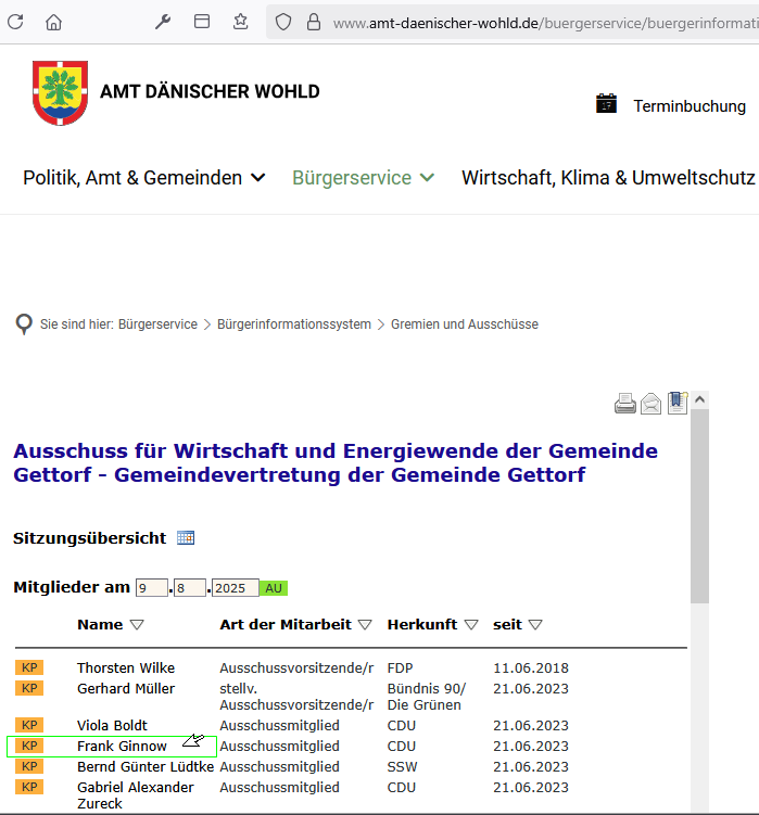 Bild von der Liste der Mitglieder eines Ausschusses